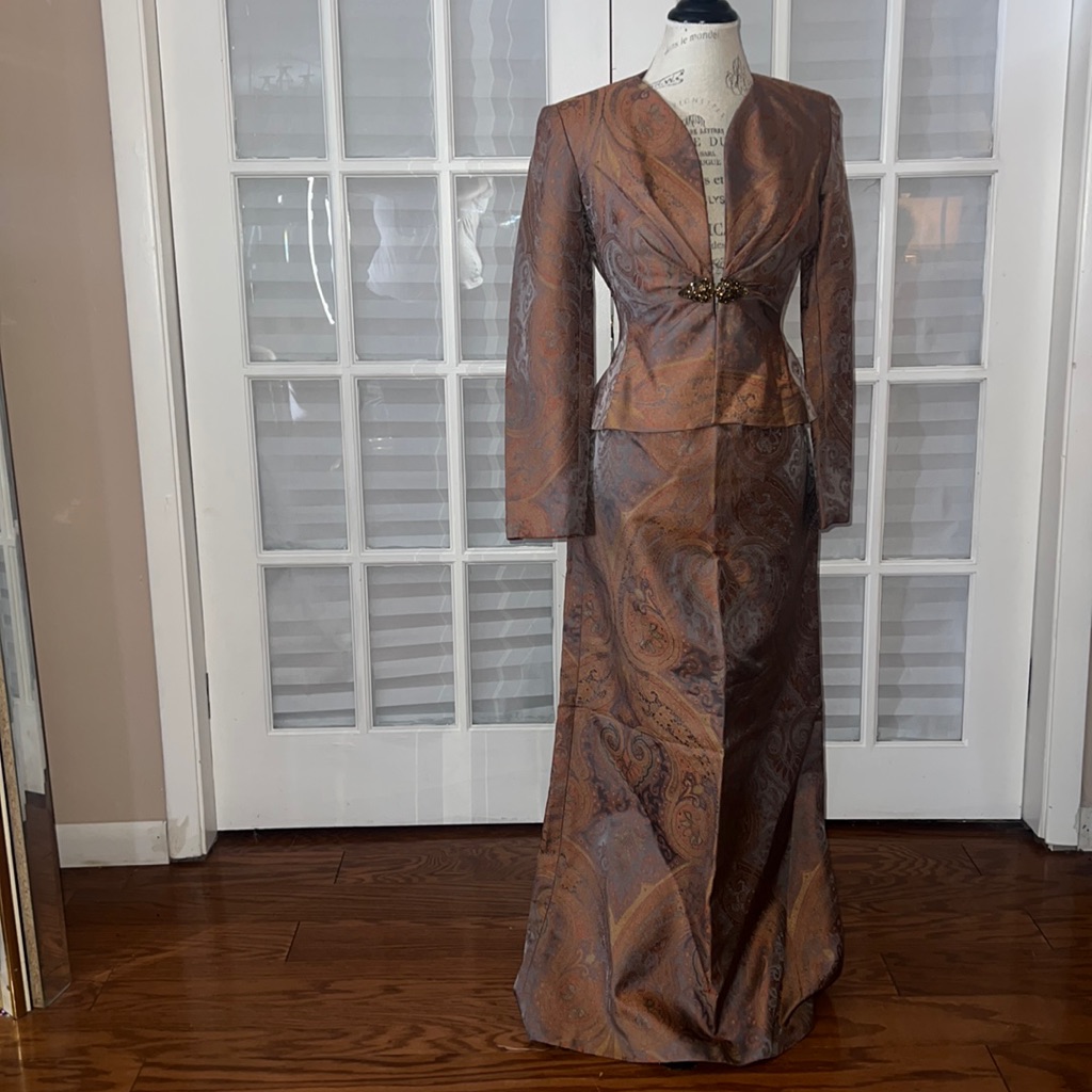 Kay Unger Boho Paisley Gray & Orange Women Silk Blazer & Skirt Petites Sz 6